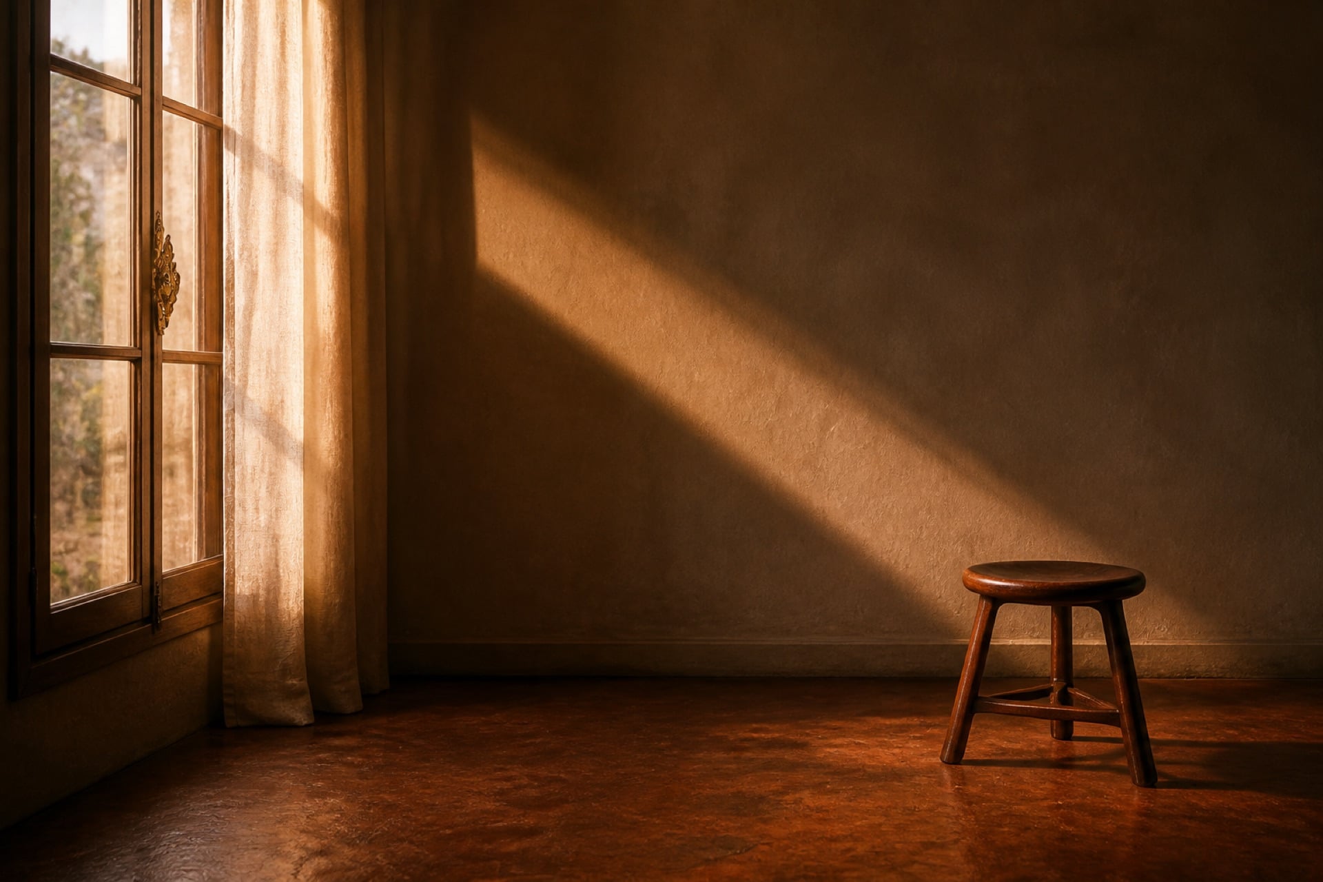 Atelier vide, lumière d’après-midi — le pays n’est pas encore ouvert.